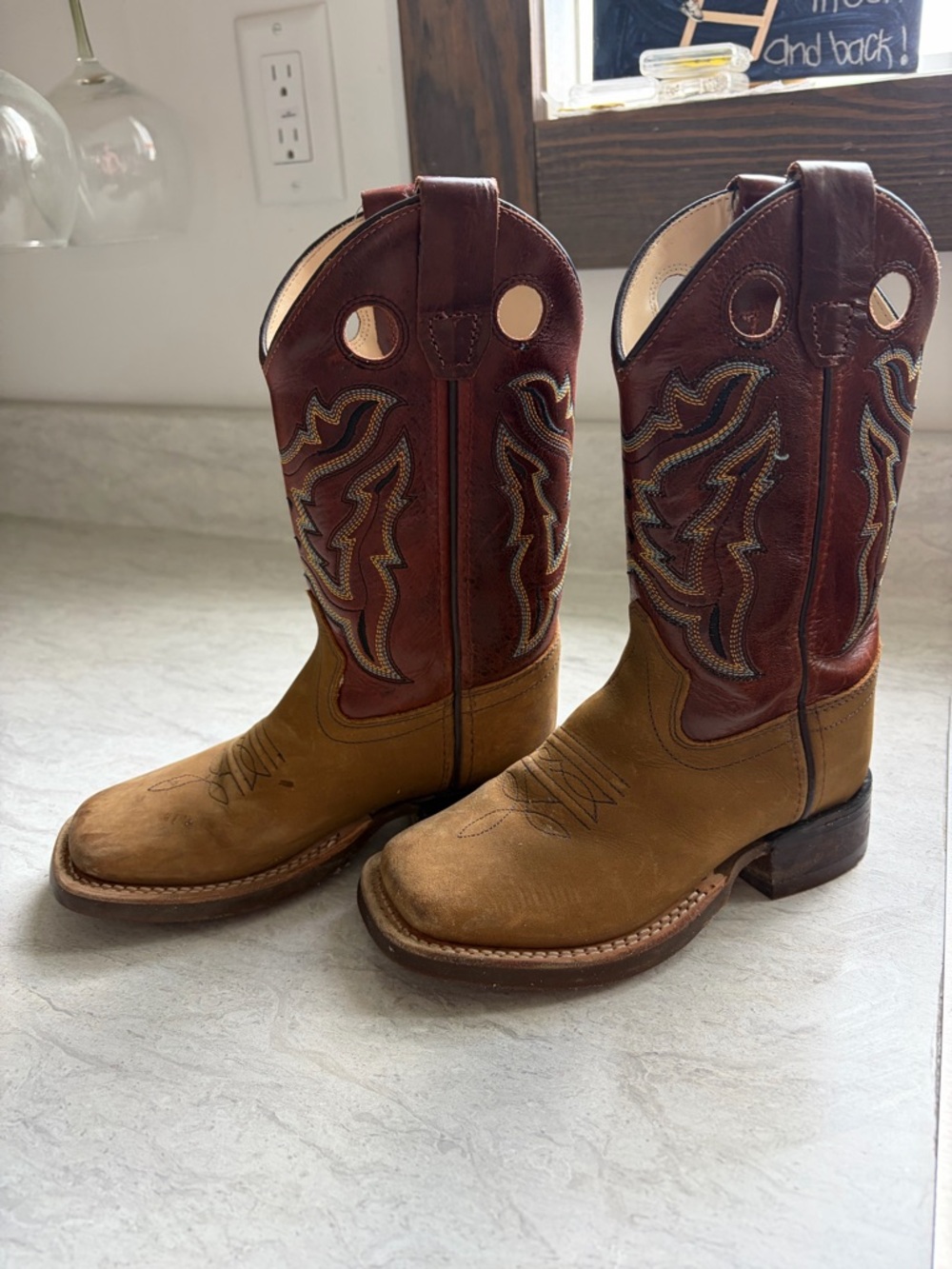 Old West Kids Two-Tone Cowboy Boots - Tan & Dark Brown
